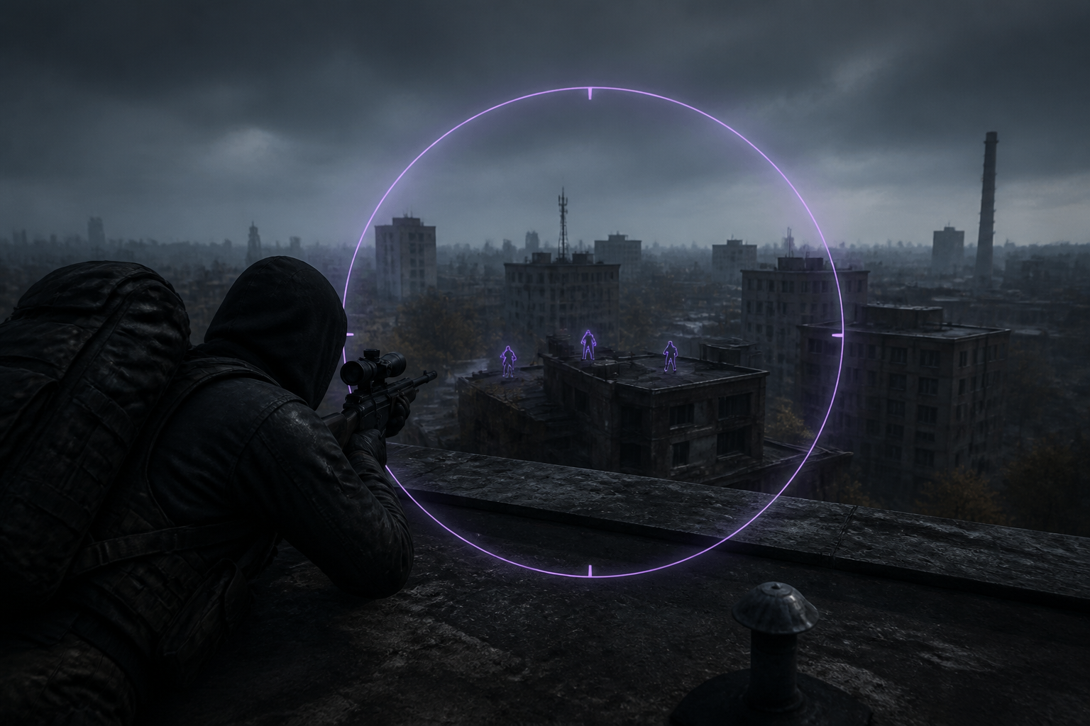 DayZ aimbot FOV ring overlay on a rifle engagement