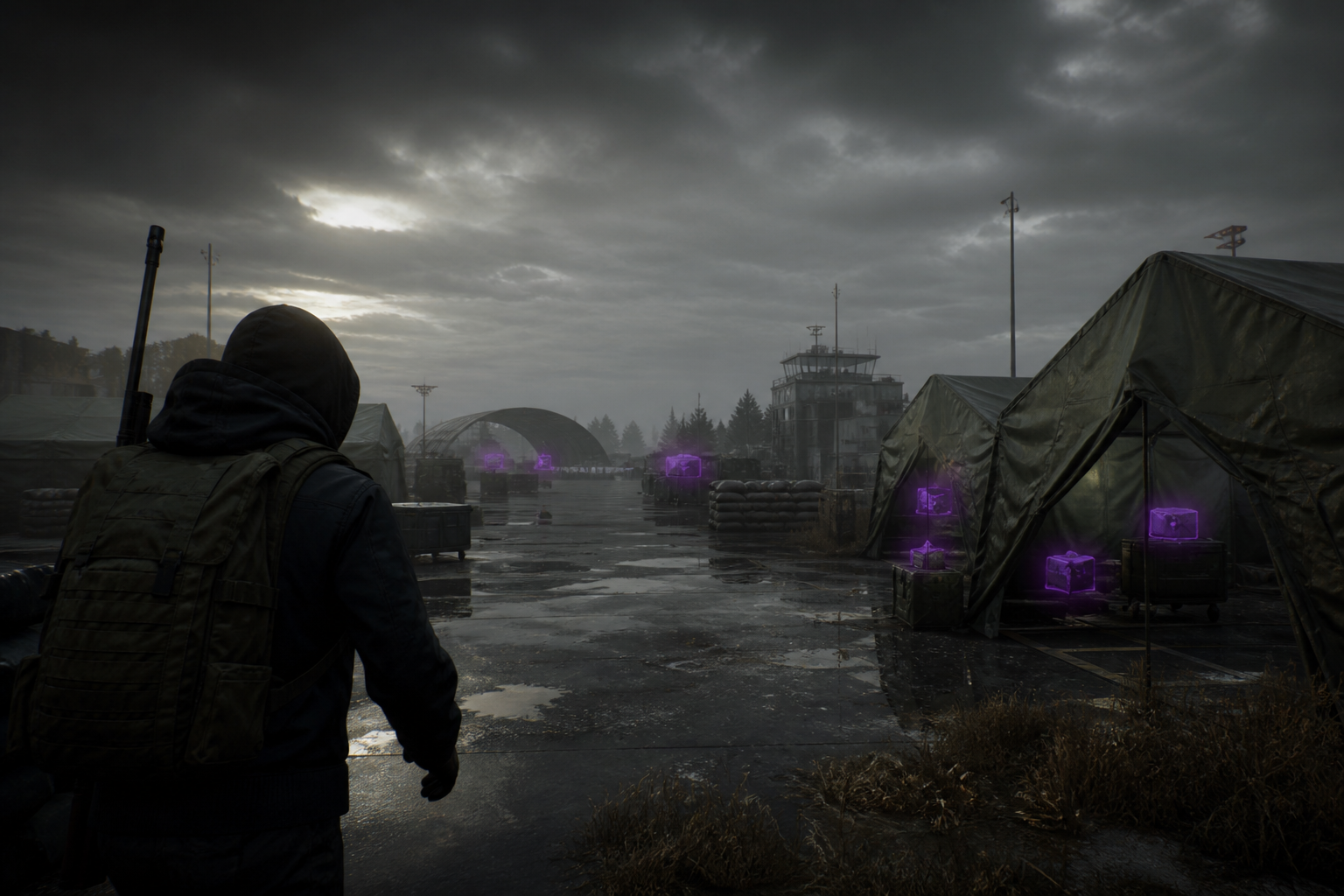 Military airfield loot run with ESP markers on hangars