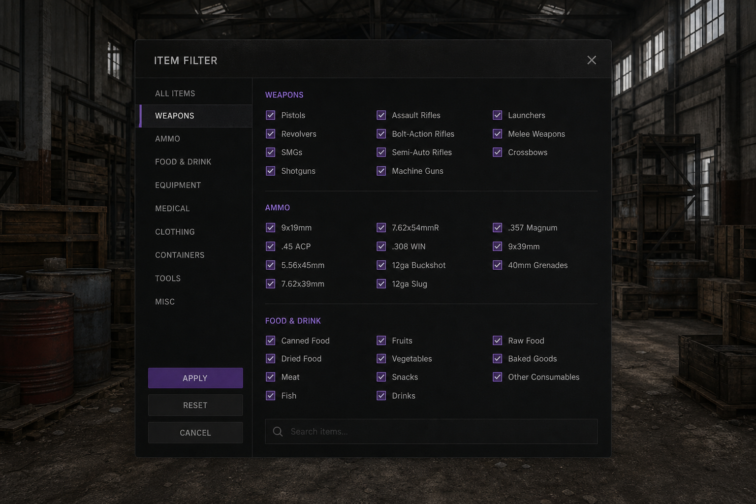 DayZ item filter menu over warehouse loot